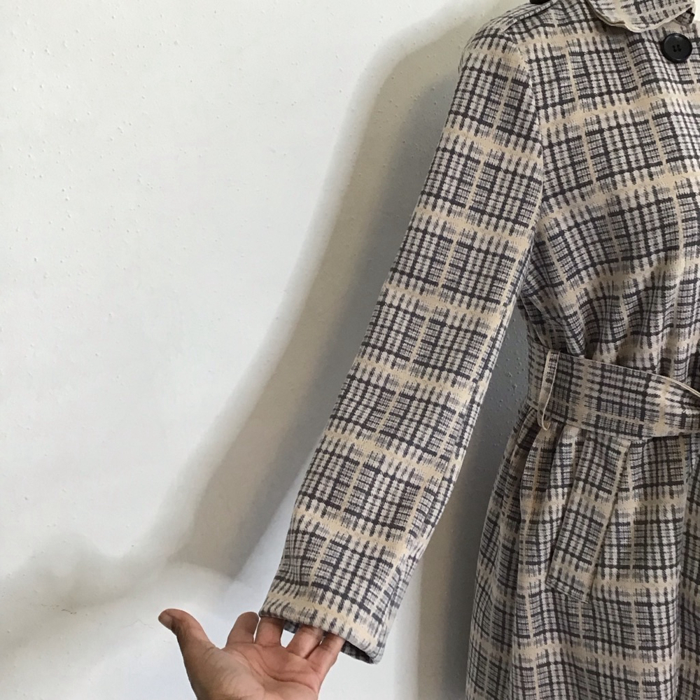 Solitaire Women Plaid Double Breasted Tie Belt Trench Jacket S Beige Black - Picture 4 of 15